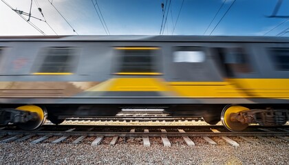 Fototapeta premium a dynamic close up view of a moving train wheel showcasing motion blur and a gray train car with a vibrant yellow stripe