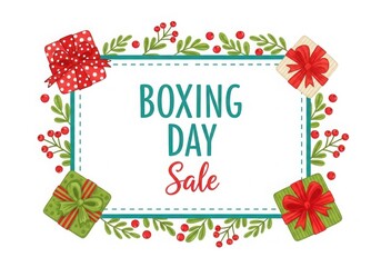 Boxing day sale promotional banner with festive gifts and holly frame