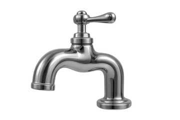 Chrome water tap with lever handle and polished metal finish reflecting light, transparent background