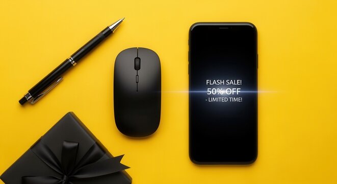 Flash sale promotion on a smartphone screen for online shopping. Black Friday concept with gift box and office items. Top view flat lay on a yellow background