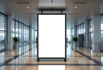 Large blank vertical billboard mockup in modern airport terminal or convention center hallway. Digital signage advertising screen inside luxury corporate building lobby, with reflective floor tiles. O