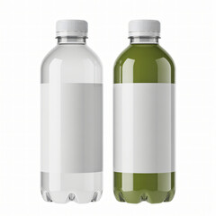 Pair of clear and green plastic beverage bottles with blank labels on white background