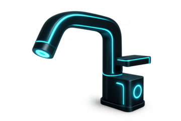 Futuristic smart home faucet with glowing blue neon lines displaying advanced modern technology and digital control