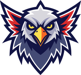 Stylized griffin head emblem with sharp feathers isolated on white background