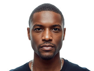 Obraz premium Close-up portrait of a confident young Black man with a serious expression, looking directly at the camera. Ideal for professional and diverse representation in design projects. High-quality PNG wi