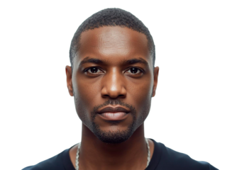 Close-up portrait of a confident young Black man with a serious expression, looking directly at the camera. Ideal for professional and diverse representation in design projects. High-quality PNG wi