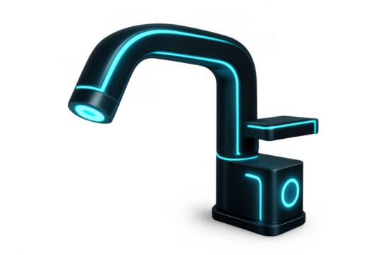 Futuristic smart home faucet with glowing blue neon lines displaying advanced modern technology and digital control