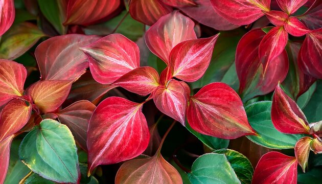 close up of red and green leaves of epimedium x rubrum plant commonly known as barrenwort abstract leaves background