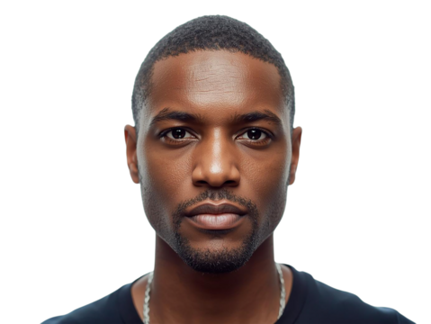 Close-up portrait of a confident young Black man with a serious expression, looking directly at the camera. Ideal for professional and diverse representation in design projects. High-quality PNG wi - Powered by Adobe