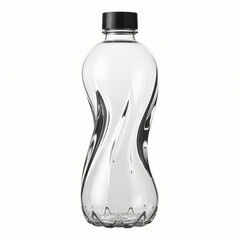Curvy transparent plastic beverage bottle with black cap isolated on white studio background