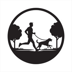 Runner with Dog in Park vector silhouette outline logo design concept illustration