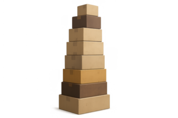 Stack of cardboard boxes forming a pyramid structure, symbolizing delivery, logistics, and increasing sales, on transparent background