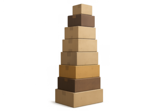 Stack of cardboard boxes forming a pyramid structure, symbolizing delivery, logistics, and increasing sales, on transparent background