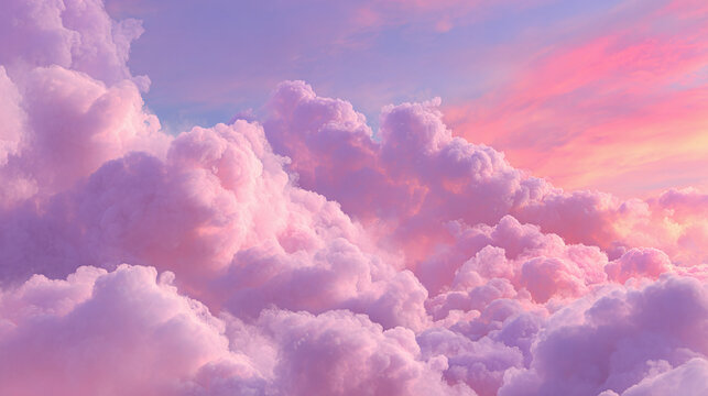 A picturesque view of fluffy clouds painted across a dreamy sky with shades of pink and purple