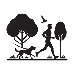 Runner with Dog in Park vector silhouette outline logo design concept illustration