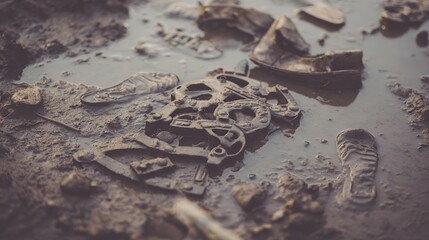 insignia. Crushed military insignia lies in mud amid scattered footprints, earthy tones. ESG reports, sustainability campaigns, designed for environmental awareness campaigns.
