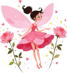 Cute pink fairy with roses hearts and sparkles vector illustration
