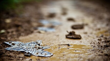 insignia. Crushed military insignia lies in mud amid scattered footprints, earthy tones. ESG reports, sustainability campaigns, designed for environmental awareness campaigns.