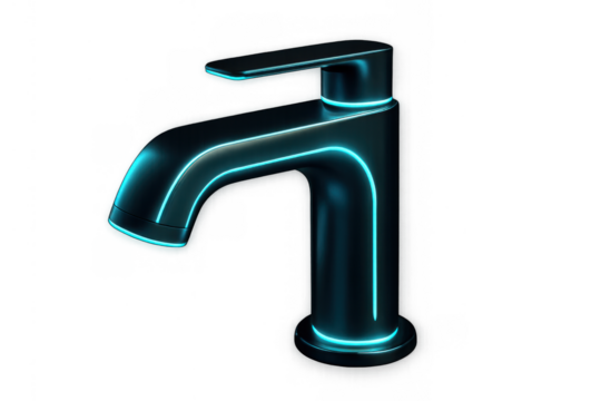Modern bathroom faucet design featuring sleek black finish and futuristic neon blue glowing trim, transparent background