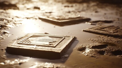 insignia. Crushed military insignia lies in mud amid scattered footprints, earthy tones. ESG reports, sustainability campaigns, designed for environmental awareness campaigns.