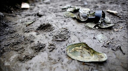 insignia. Crushed military insignia lies in mud amid scattered footprints, earthy tones. ESG reports, sustainability campaigns, designed for environmental awareness campaigns.
