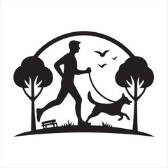 Runner with Dog in Park vector silhouette outline logo design concept illustration