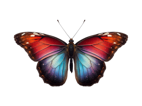 Vibrant butterfly with stunning red, purple, and blue wings, captured in exquisite detail. Perfect for adding a touch of nature and beauty to any design project. High-quality PNG with transparent b