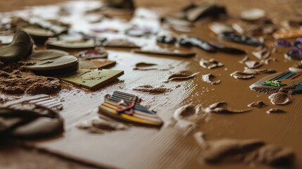 insignia. Crushed military insignia lies in mud amid scattered footprints, earthy tones. ESG reports, sustainability campaigns, designed for environmental awareness campaigns.