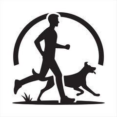 Runner with Dog in Park vector silhouette outline logo design concept illustration