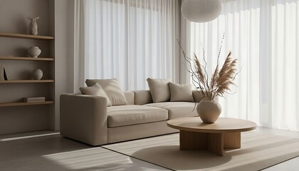 Luxury modern living room interior design with comfortable sofa, armchair, and stylish furniture