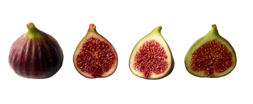 Four figs, two whole and two halves, displayed against a black background.  The whole figs are deep purple, and the halves are a light green-yellow with deep red seeds