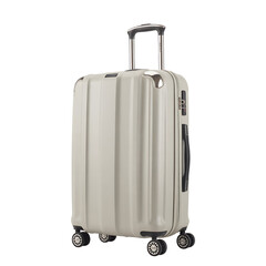 Red plastic suitcase with wheels and handle isolated on white background for travel and journey