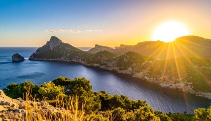 Sunset view over a tranquil bay with rugged cliffs and lush vegetation. Rays of light pierce through the horizon