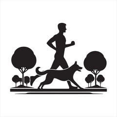 Runner with Dog in Park vector silhouette outline logo design concept illustration