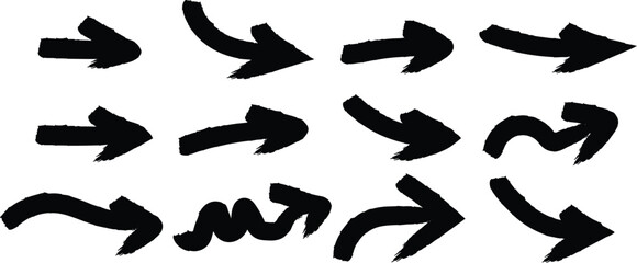 Grunge style hand drawn black arrow collection showing multiple directions illustration