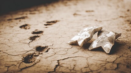 insignia. Crushed military insignia lies in mud amid scattered footprints, earthy tones. ESG reports, sustainability campaigns, designed for environmental awareness campaigns.