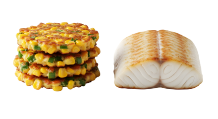 Stack of corn fritters next to a piece of grilled fish fillet, isolated on transparent background