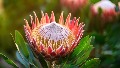 close up detail of an exotic protea in flower growing in a tropical greenhouse in the uk