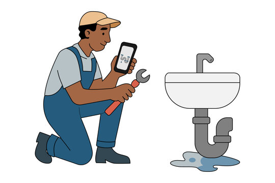 A plumber kneels next to a sink leaking water