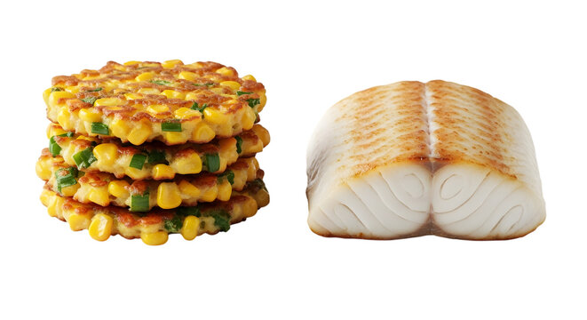 Stack of corn fritters next to a piece of grilled fish fillet, isolated on transparent background