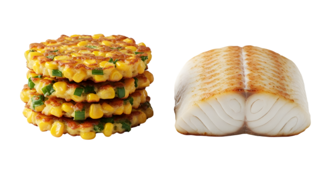 Stack of corn fritters next to a piece of grilled fish fillet, isolated on transparent background