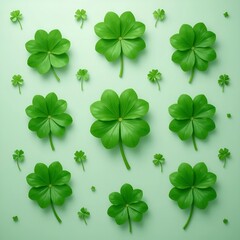 Fresh green clover leaves, vibrant white background.
