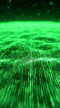 Cinematic shallow depth of field shot focusing on a rapidly shifting emerald green pixelized grid extending into the blurry distance neon, science, looping