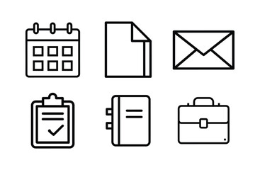 Set of six minimalist line icons representing business and office concepts: calendar, document, envelope, checklist, notebook, and briefcase.