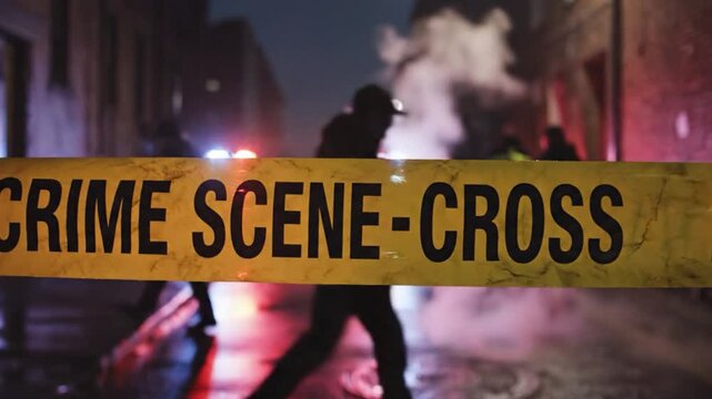Police cordon at a nighttime crime scene with officers investigating and fog creating a mysterious atmosphere
