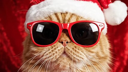 Cool holiday cat wearing red sunglasses and Santa hat on festive red background, a fun and playful Christmas celebration for pet lovers everywhere