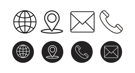 Set of communication icons: globe, location pin, envelope, and phone handset, line art and solid circle versions.