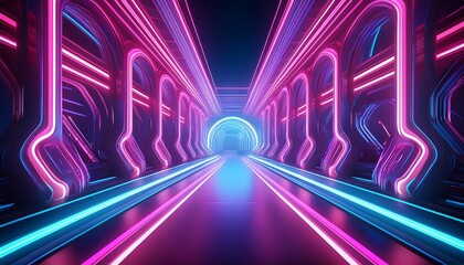 a striking neon tunnel lit by vibrant pink and blue lights creates a captivating futuristic ambiance