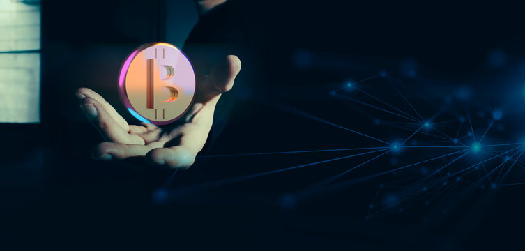 businessman hand holding holographic of  metaverse network on black background, internet social online technology, digital cryptocurrency bitcoin