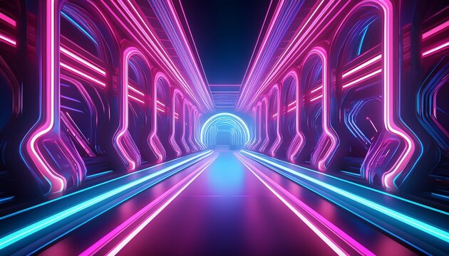 a striking neon tunnel lit by vibrant pink and blue lights creates a captivating futuristic ambiance